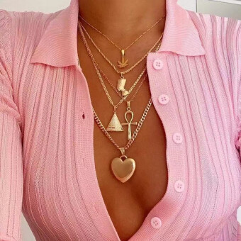 N-7288 2 Styles Women Gold Chain Multilayers Leaf Cross Heart Egyptian Pharaoh Pendant Necklaces Party Jewelry