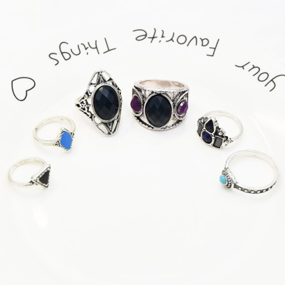 R-1513 6pcs/set New fashion Silver Plated Rhinestone Beads Midi Finger Ring Sets  Ethnic Women Girls Rings