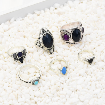 R-1513 6pcs/set New fashion Silver Plated Rhinestone Beads Midi Finger Ring Sets  Ethnic Women Girls Rings