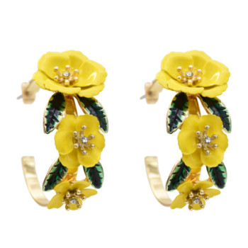 E-5459 Elegant Gold Metal Rhinestone Flower Hoop Earrings for Women Bridal Wedding Party Jewelry Gift