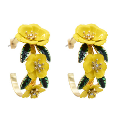 E-5459 Elegant Gold Metal Rhinestone Flower Hoop Earrings for Women Bridal Wedding Party Jewelry Gift