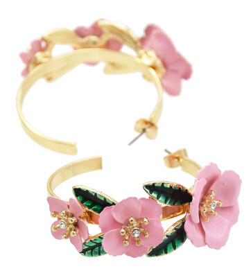 E-5459 Elegant Gold Metal Rhinestone Flower Hoop Earrings for Women Bridal Wedding Party Jewelry Gift