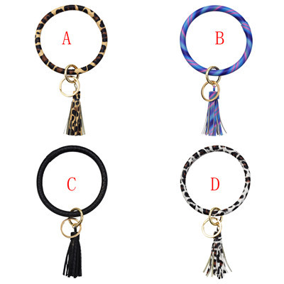 B-0990 Wristlet Keychain Bracelet Bangle Keyring Circle Key Ring Leather Tassel Bracelet Holder