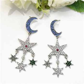 E-5471  2 Colors Rhinestone Star Moon Elegant Temperament Drop Dangle Earrings