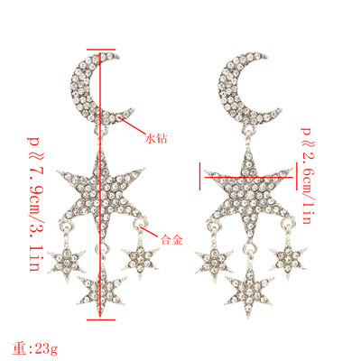 E-5471  2 Colors Rhinestone Star Moon Elegant Temperament Drop Dangle Earrings