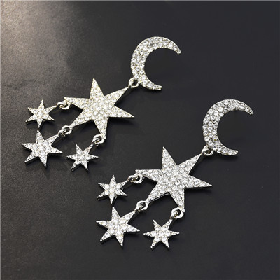 E-5471  2 Colors Rhinestone Star Moon Elegant Temperament Drop Dangle Earrings