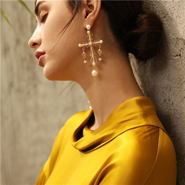 E-5478 Golden Openwork Cross Pearl Earrings Wedding Earring