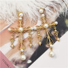 E-5478 Golden Openwork Cross Pearl Earrings Wedding Earring