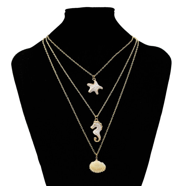 N-7302 Layered Necklace Starfish Seahorse Shell Pendant Necklace Bar Y Pendant Necklace for Women