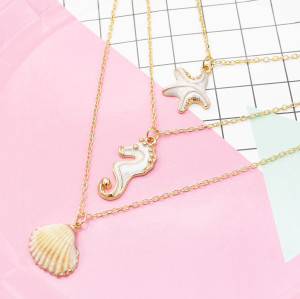 N-7302 Layered Necklace Starfish Seahorse Shell Pendant Necklace Bar Y Pendant Necklace for Women