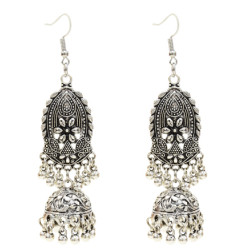 E-5482 Vintage Silver Metal Carved Flower Bells Tassel Drop Earrings for Women Indian Party Jewelry
