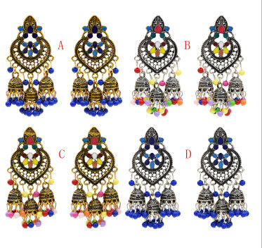 E-5505 Vintage Indian Drop Earrings for Women Gold Silver Metal Resin Beaded Tassel Earrings Gypsy Triabl Fashion Jewelry