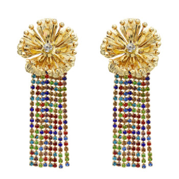 E-5512 Fashion Gold Metal Flower Earrings Women Rhinestone Long Tassel Drop Earrings Wedding Party Jewelry