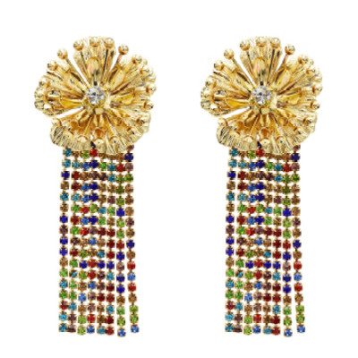 E-5512 Fashion Gold Metal Flower Earrings Women Rhinestone Long Tassel Drop Earrings Wedding Party Jewelry