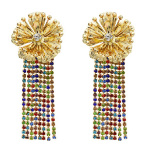 E-5512 Fashion Gold Metal Flower Earrings Women Rhinestone Long Tassel Drop Earrings Wedding Party Jewelry