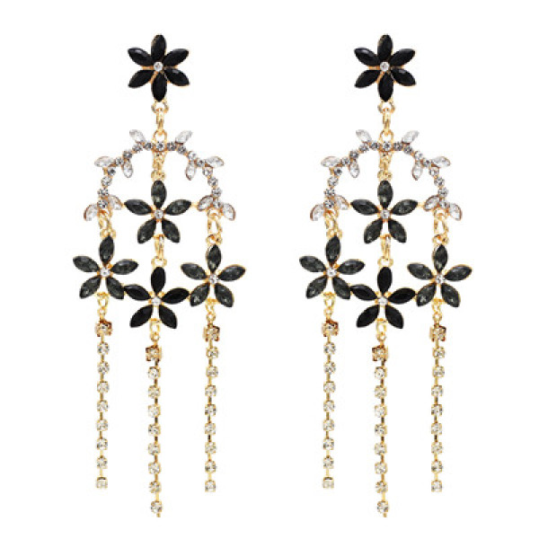 E-5511 Golden Rhinestone Small Flower Shaped Tassel Earring for Woman