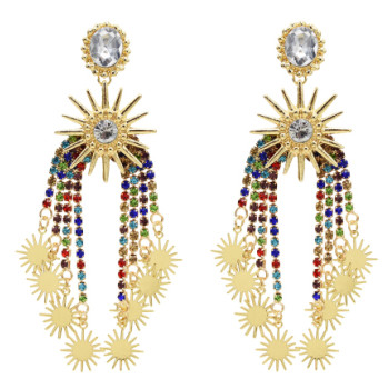 E-5519 4 Colors Elegant Sunflower Drop Earrings Big Crystal Long Tassel Earring Women Bridal Wedding Party Jewelry