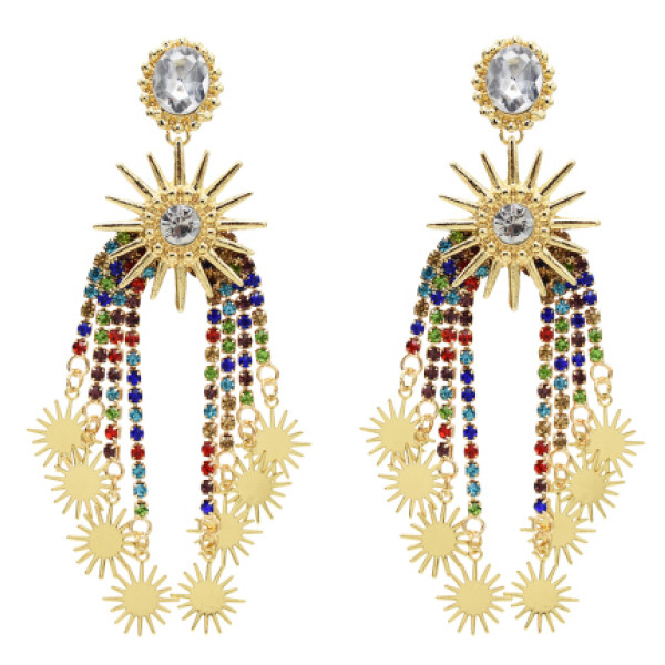 E-5519 4 Colors Elegant Sunflower Drop Earrings Big Crystal Long Tassel Earring Women Bridal Wedding Party Jewelry
