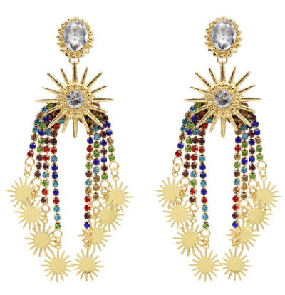 E-5519 4 Colors Elegant Sunflower Drop Earrings Big Crystal Long Tassel Earring Women Bridal Wedding Party Jewelry