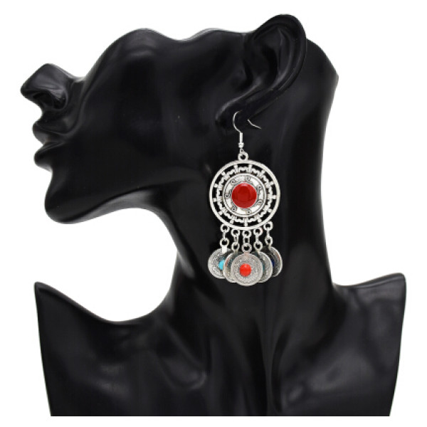 E-5533 Gypsy Vintage Silver Gold Metal Coin Earrings Colorful Acrylic Beaded Tassel Drop Earring Indian Party Jewelry