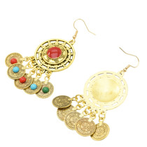 E-5533 Gypsy Vintage Silver Gold Metal Coin Earrings Colorful Acrylic Beaded Tassel Drop Earring Indian Party Jewelry