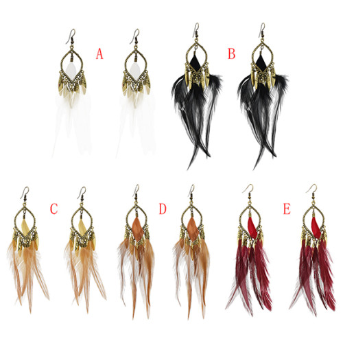 E-5542 5 Color Bohemian Vintage Alloy Earrings Feather Shaped Dangle Earrings