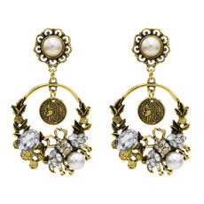 E-5543 Fashion Insect Shape Pearl Rhinestone Coin Round Drop Dangle Earring for Woman