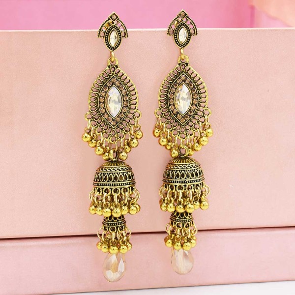E-5547 Ethnic Women's Silver Gold Jhumka Indian Earrings Vintage Rhinestone Exaggerated Lantern Tassel Palace Earring Jewelry