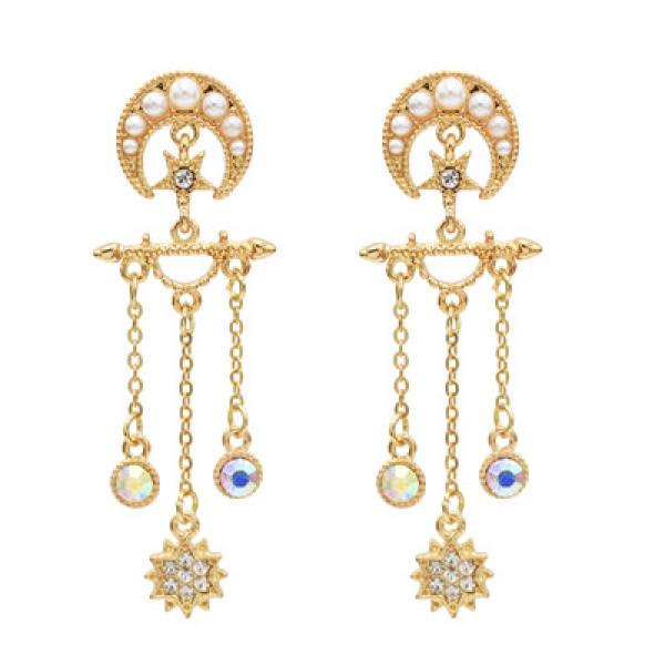 E-5553 Moon Star Earrings Pearl Rhinestone Long Tassel Earrings Korean Drop Dangle Earrings