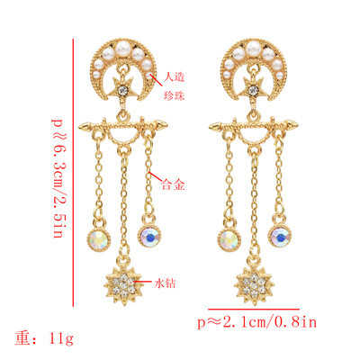 E-5553 Moon Star Earrings Pearl Rhinestone Long Tassel Earrings Korean Drop Dangle Earrings