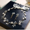F-0704 Luxury Women Leaf Flower Opal Crystal Headbands Earrings Set Bridal Wedding Hair Jewelry Accessories