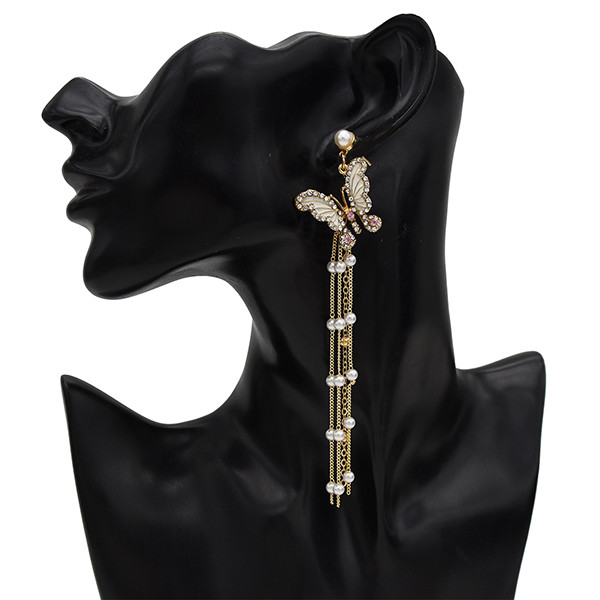 E-5558 Butterfly Earrings Pearl Rhinestone Long Tassel Earrings Korean Girl Earring