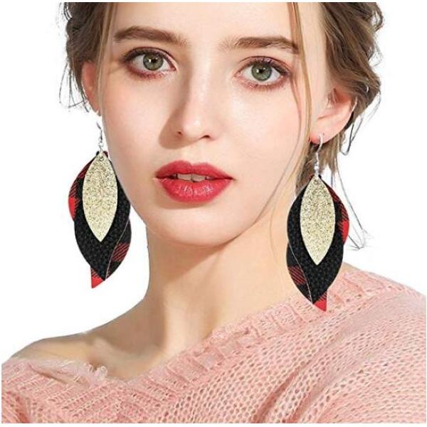 E-5570 Leather Earrings Lightweight Faux Leather Leaf Dangle Earrings Teardrop Earrings