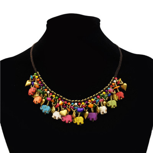 N-7325 Colorful Elephant Shape Gravel Beads Love Bell Pendant Necklace