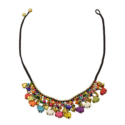 N-7325 Colorful Elephant Shape Gravel Beads Love Bell Pendant Necklace