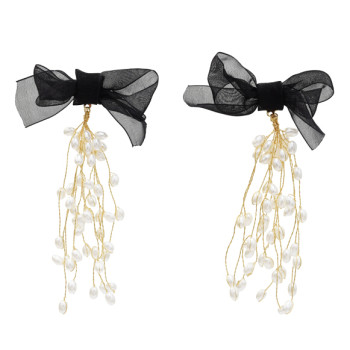 E-5588 Elegant Black Bowknot Long Tassel Pearl Earring Bridal Wedding Charm Drop Earrings Party Jewelry