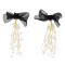 E-5588 Elegant Black Bowknot Long Tassel Pearl Earring Bridal Wedding Charm Drop Earrings Party Jewelry