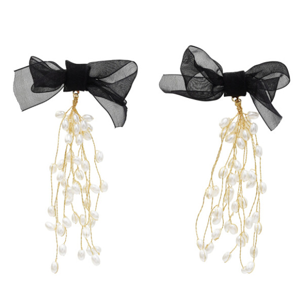 E-5588 Elegant Black Bowknot Long Tassel Pearl Earring Bridal Wedding Charm Drop Earrings Party Jewelry
