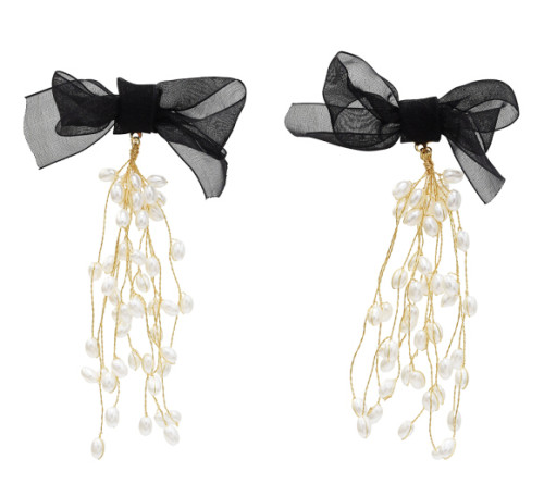 E-5588 Elegant Black Bowknot Long Tassel Pearl Earring Bridal Wedding Charm Drop Earrings Party Jewelry