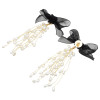 E-5588 Elegant Black Bowknot Long Tassel Pearl Earring Bridal Wedding Charm Drop Earrings Party Jewelry