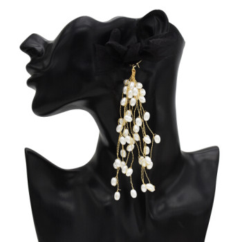 E-5588 Elegant Black Bowknot Long Tassel Pearl Earring Bridal Wedding Charm Drop Earrings Party Jewelry
