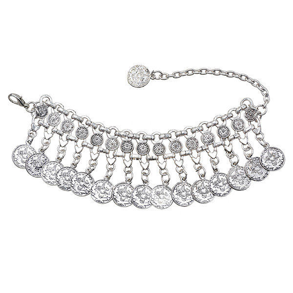 B-1003 Silver Coin Bracelet Adjustable Handmade Floral Design Gypsy Ethnic Tribe Festival Jewellery