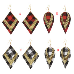 E-5598 Christmas Plaid Earrings PU Leather Earrings Lightweight Dangle Earrings for Women Girl