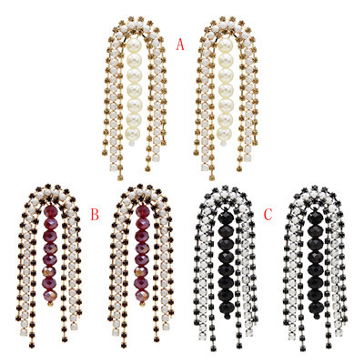 E-5601 Fashion Rhinestone Pearl Arched Double Tassel Earring for Woman