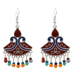 E-5607 Vintage Silver Jhumka Earrings Enamel Acrylic Beaded Statement Tassel Earring Indian Tribal Jewelry