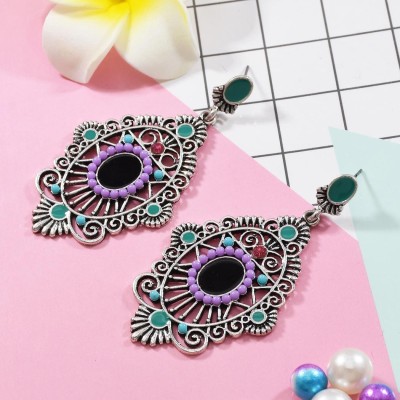 E-5627 Fashion vintage Turkish geometric colorful gems ancient gold silver delicate diamond ladies earrings bohemian jewelry