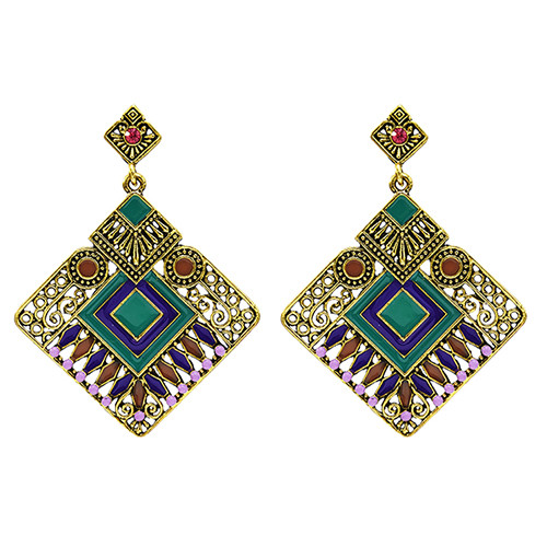 E-5628 Fashion Vintage Turkish Cambodian Style Silver Gold Alloy Geometric Colorful Earrings