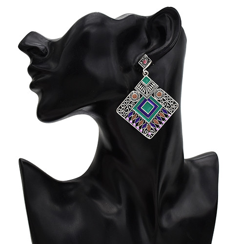 E-5628 Fashion Vintage Turkish Cambodian Style Silver Gold Alloy Geometric Colorful Earrings