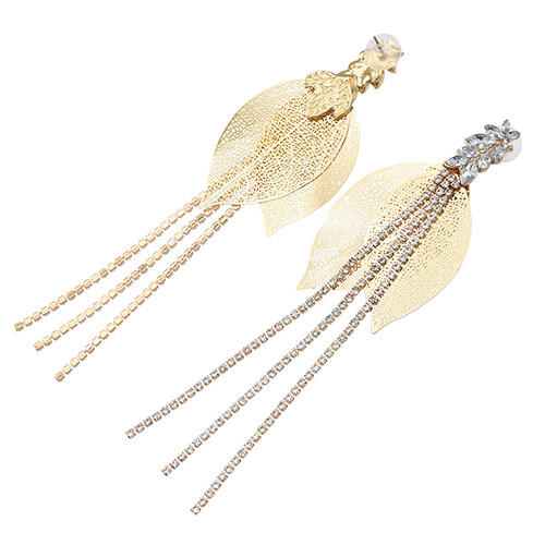 E-5635 Fashion New Gold and Silver Hollow Leaf Long Tassel Earrings Rhinestone Earrings for Woman