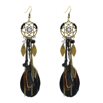 E-3855 Vintage Antique Silve Plated  Fashion Long Tassel Feather Resin Beads Drop Earrings  Fish Hook  Earrings For Women Jewelry
